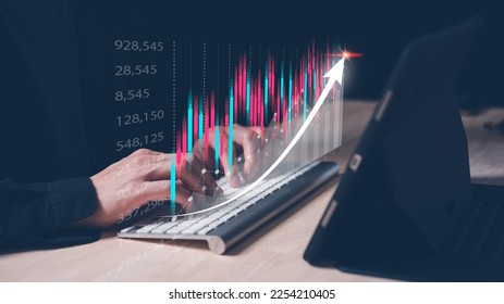 Analyst working with Business Analytics and Data Management System on graph make a report with KPI and metrics connected to database. Corporate strategy for finance, operations, sales, marketing