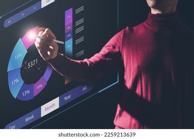 Analyst working with Business Analytics and Data Management System on computer, make a report with KPI and metrics connected to database. Corporate strategy for finance, operations, sales, marketing.