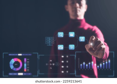 Analyst working with Business Analytics and Data Management System on computer, make a report with KPI and metrics connected to database. Corporate strategy for finance, operations, sales, marketing.
