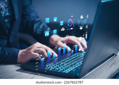 Analyst working with Business Analytics and Data Management System on computer, Corporate strategy for finance, operations, sales, marketing, make a report with KPI and metrics connected to database.