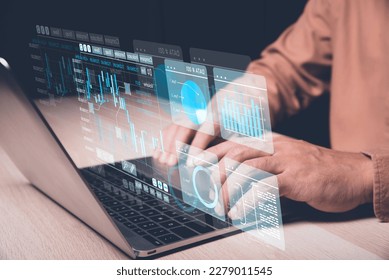 Analyst working with Business Analytics and Data Management System on computer, make a report with KPI and metrics connected to database. Corporate strategy for finance, operations, sales, marketing