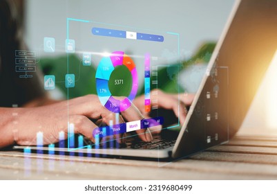 Analyst working with Business Analytics and Data Management System on computer, Make a report with KPI and metrics connected to database. Corporate strategy for finance, operations, sales, marketing.