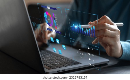 Analyst working with business analytics and data management system on computer, make a report with KPI and metrics connected to database. Corporate strategy for finance, operations, sales, marketing