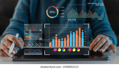 Analyst working with business analytics and data management system on computer, make a report with KPI and metrics connected to database. Corporate strategy for finance, operations, sales, marketing