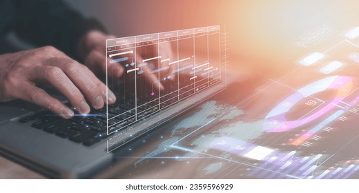 Analyst working with Business, Analytics and Data Management System on computer, make a report with KPI and metrics connected to database. Corporate digital transformation technology strategy - Powered by Shutterstock