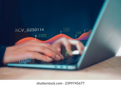 Analyst working with Business Analytics and Data Management System researching or analysing a report with KPI and metrics connected to database