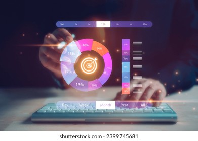 Analyst working with Business Analytics and Data Management System researching or analysing a report with KPI and metrics connected to database