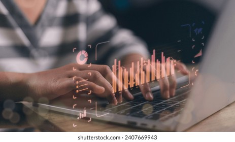 Analyst working with Business Analytics and Data Management System on computer to make report with KPI and metrics connected to database. Corporate strategy for finance, operations, sales, marketing