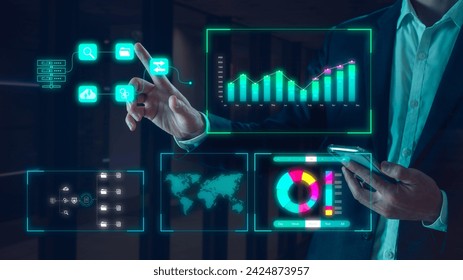 Analyst working with Business Analytics and Data Management System on virtual screen, a report with KPI and metrics connected to database. Corporate strategy for finance marketing - Powered by Shutterstock