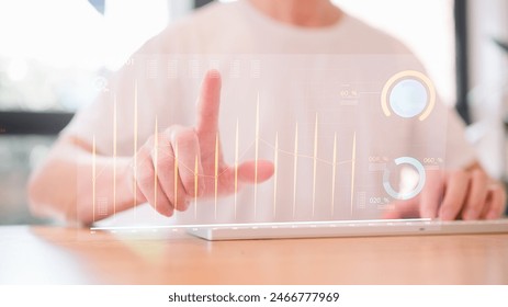 Analyst working with Business Analytics and Data Management System on computer, make a report with KPI and metrics connected to database. Corporate strategy for finance, operations, sales, marketing