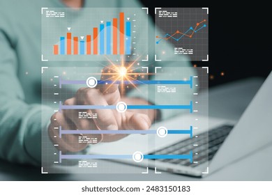 Analyst working with Business Analytics and Data Management System on computer to make report with KPI and metrics connected to database. Corporate strategy for finance, operations, sales, marketing.