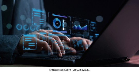 Analyst working with Business Analytics and Data Management System on computer, make a report with KPI and metrics connected to database. Corporate strategy for finance, operations, sales, marketing.