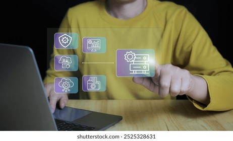 Analyst working with Business Analytics and Data Management System on computer, make a report with KPI and metrics connected to database. Corporate strategy for finance, operations, sales, marketing.