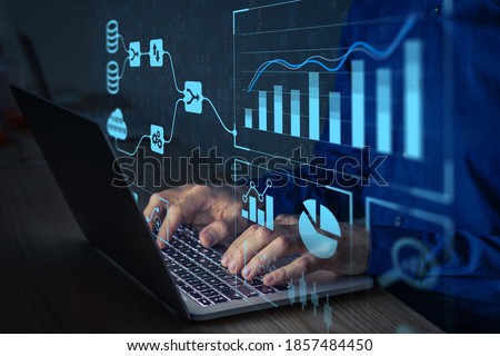 Analyst working with Business Analytics and Data Management System on computer to make report with KPI and metrics connected to database. Corporate strategy for finance, operations, sales, marketing Сток-фото © 