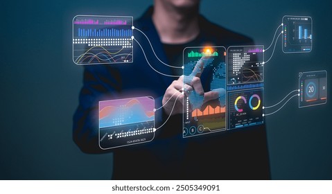 Analyst working with Business, Concept digital transformation technology strategy, Analytics and Data Management System on computer, make a report with KPI and metrics connected to database.