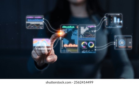 Analyst working with Business, Concept digital transformation technology strategy, Analytics and Data Management System on computer, make a report with KPI and metrics connected to database. - Powered by Shutterstock