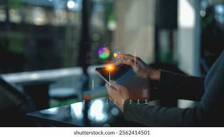 Analyst working with Business, Concept digital transformation technology strategy, Analytics and Data Management System on computer, make a report with KPI and metrics connected to database.