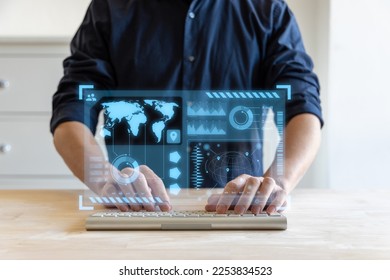 Analyst working with computer in Business Analytics and Data Management System to make report with KPI and metrics connected to database. Corporate strategy for finance, operations, sales, marketing.