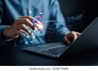 Analyst working with computer in Business Analytics and Data Management System to make report with KPI and metrics connected to database. Corporate strategy for finance, operations, sales, marketing.