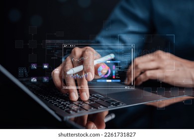 Analyst working with computer in Business Analytics and Data Management System to make report with KPI and metrics connected to database. Corporate strategy for finance, operations, sales, marketing.