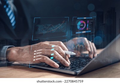Analyst working with computer in Business Analytics and Data Management System to make report with KPI and metrics connected to database. Corporate strategy for finance, operations, sales, marketing.
