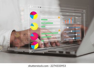Analyst working with computer in business analytics and data management system to make reports with KPI and metrics connected to database. Corporate strategy for finance, operations, sales, marketing.