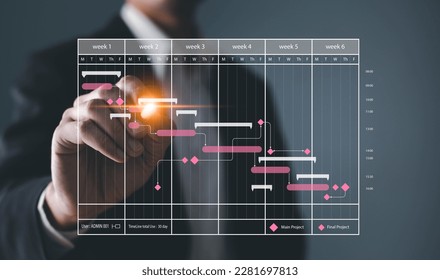 Analyst working with computer in Business Analytics and Data Management System to make report with KPI and metrics connected to database. Corporate strategy for finance, operations, sales, marketing.