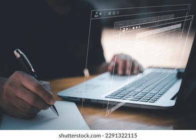 Analyst working with computer in Business Analytics and Data Management System to make report with KPI and metrics connected to database. Corporate strategy for finance, operations, sales, marketing