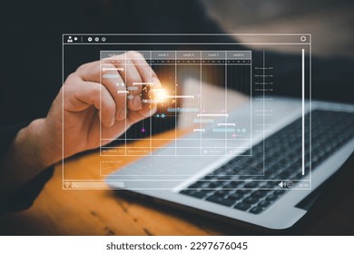 Analyst working with computer in Business Analytics and Data Management System to make report with KPI and metrics connected to database. Corporate strategy for finance, operations, sales, marketing