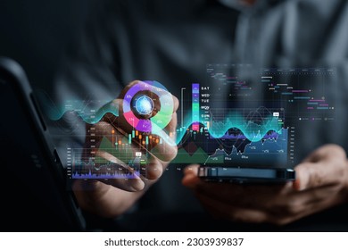 Analyst working with computer in Business Analytics and Data Management System to make report with KPI and metrics connected to database. Corporate strategy for finance, operations, sales, marketing.