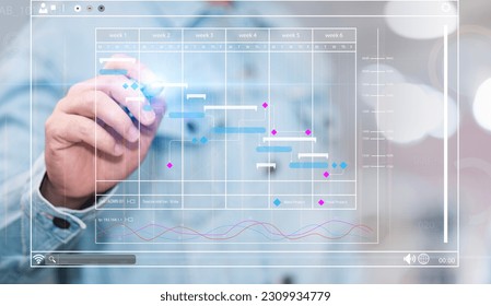 Analyst working with computer in Business Analytics and Data Management System to make report with KPI and metrics connected to database. Corporate strategy for finance, operations, sales, marketing