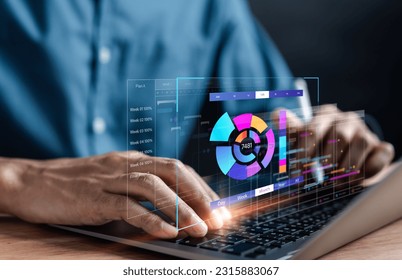 Analyst working with computer in Business Analytics and Data Management System to make report with KPI and metrics connected to database. Corporate strategy for finance, operations, sales, marketing.