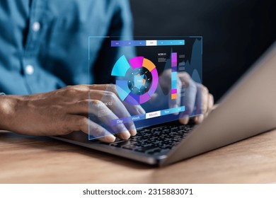 Analyst working with computer in Business Analytics and Data Management System to make report with KPI and metrics connected to database. Corporate strategy for finance, operations, sales, marketing.