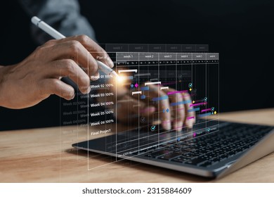 Analyst working with computer in Business Analytics and Data Management System to make report with KPI and metrics connected to database. Corporate strategy for finance, operations, sales, marketing.	