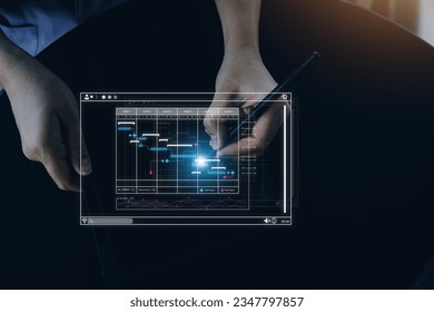 Analyst working with computer in Business Analytics and Data Management System to make report with KPI and metrics connected to database. Corporate strategy for finance, operations, sales, marketing.