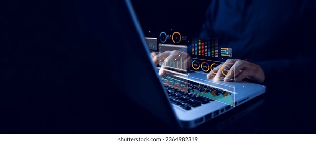 Analyst working with computer in Business Analytics and Data Management System  with KPI and metrics connected to the database for technology finance, operations, sales, marketing. Data analysis.Ai
