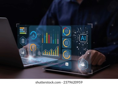 Analyst working with computer in Business Analytics and Data Management System with KPI and metrics connected to the database for technology finance, operations, sales, marketing. Data analysis.Ai