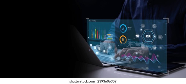 Analyst working with computer in Business Analytics and Data Management System with KPI and metrics connected to the database for technology finance, operations, sales, marketing. Data analysis.Ai