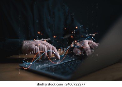 Analyst working with computer in Business Analytics and Data Management System to make report with KPI and metrics connected to database. Corporate strategy for finance, operations, sales, marketing.