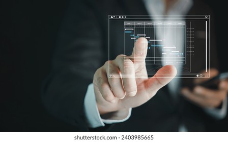 Analyst working with computer in Business Analytics and Data Management System to make report with KPI and metrics connected to database. Corporate strategy for finance, operations, sales, marketing.
