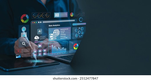 Analyst working with computer in Business Analytics and Data Management System with KPI and metrics connected to the database for technology finance, operations, sales, marketing. Data analysis.Ai - Powered by Shutterstock