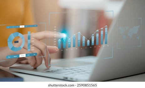Analyst working with computer in Business Analytics and Data Management System with KPI and metrics connected to the database for technology finance, operations, sales, marketing. Data analysis.Ai