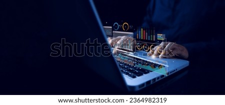 Analyst working with computer in Business Analytics and Data Management System  with KPI and metrics connected to the database for technology finance, operations, sales, marketing. Data analysis.Ai