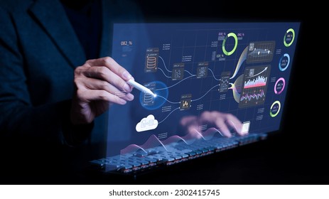Analyst working with computer virtual screen. Business analytics and data management system to make report with KPI and metrics connected to database. Corporate strategy for finance, marketing,
