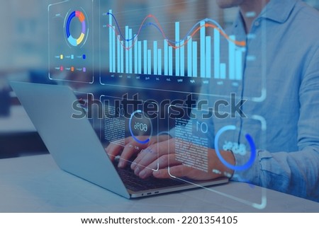 Analyst working on business analytics dashboard with KPI, charts and metrics to analyze data and create insight reports for executives and strategical decisions. Operations and performance management.