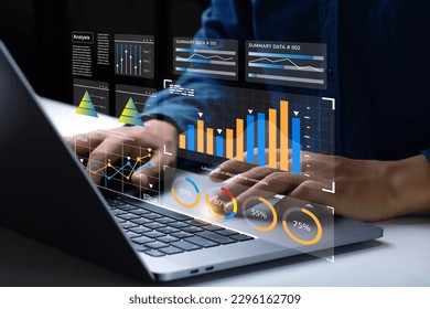 Analyst Works on Personal Computer Showing business analytics dashboard with charts, metrics and KPI to analyze performance and create insight reports for operations management. Data analysis concept.