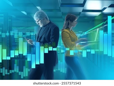 Analysts processing big data. Man and woman in server room. Data analytics with laptop and phone. Employees monitor load on servers. Data center managers. Two analysts near server equipment