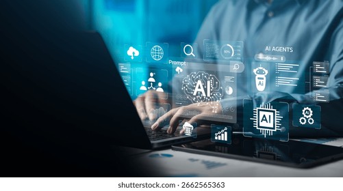 Analysts use computers to analyze data using AI technology in business and work. Data analysis tools Chatbots Chat with AI using AI technology Artificial intelligence Database Operations Marketing