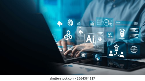 Analysts use computers to analyze data using AI technology in business and work. Data analysis tools Chatbots Chat with AI using AI technology Artificial intelligence Database Operations Marketing