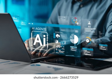 Analysts use computers to analyze data using AI technology in business and work. Data analysis tools Chatbots Chat with AI using AI technology Artificial intelligence Database Operations Marketing